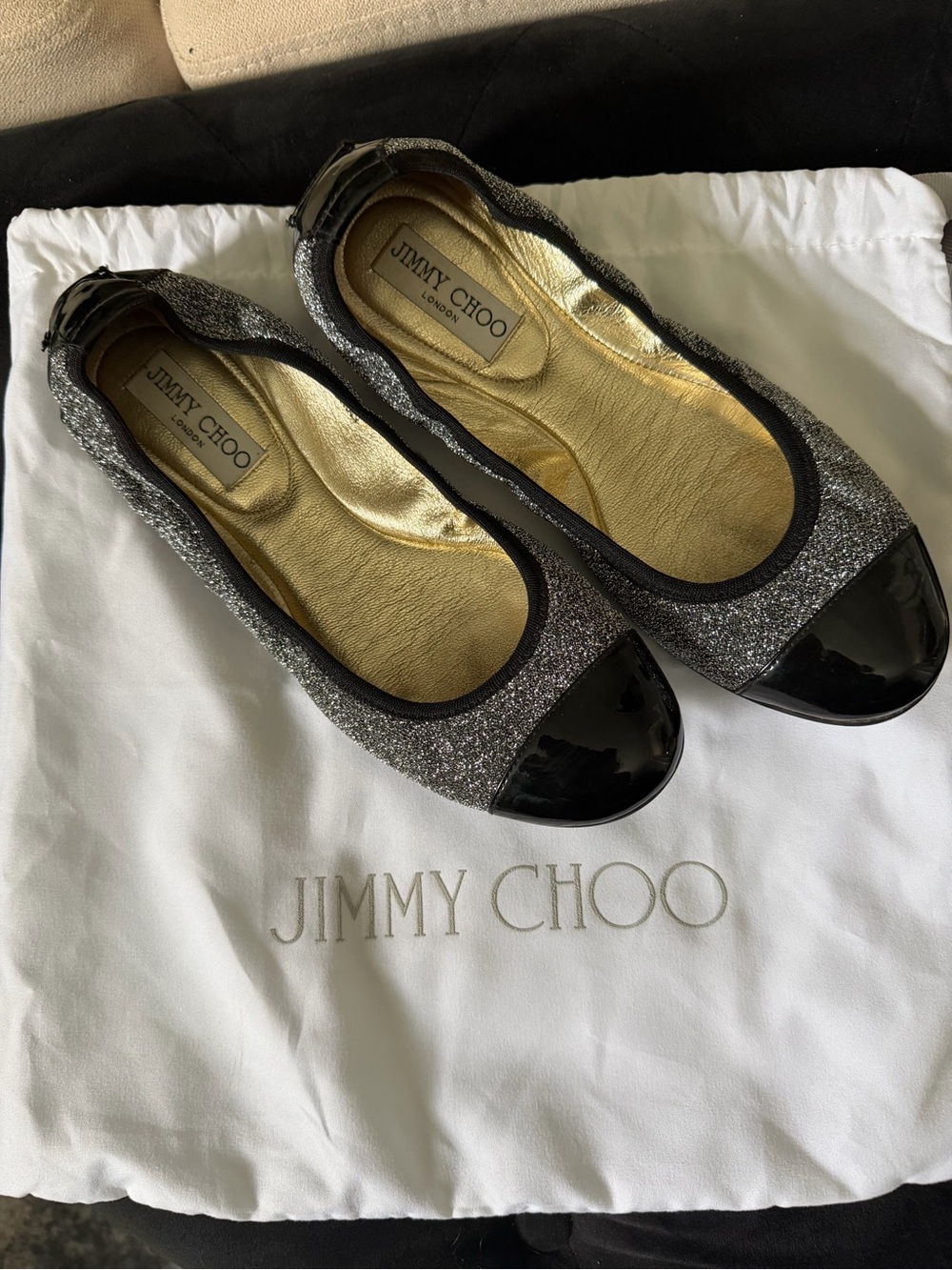 Jimmy Choo Silver Glitter with Black Patent Cap-Toe Ballet Flats